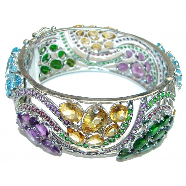 Dramatic Design multi-color gemstones .925 Sterling Silver handmade bangle Bracelet