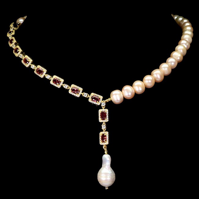 Modern meets Traditional Pearl Garnet 14K Gold over .925 Sterling Silver handcrafted Necklace