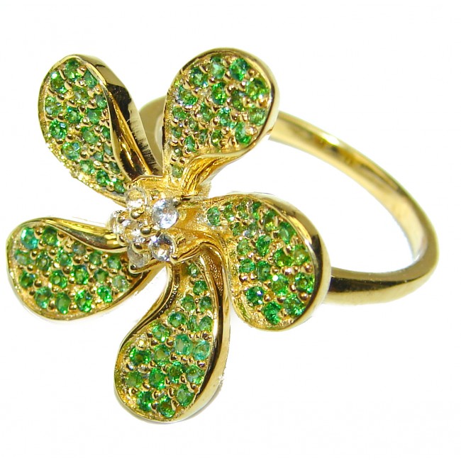 Lucky Green Flower Emerald 14K Gold over .925 Sterling Silver handmade Ring size 8 1/4