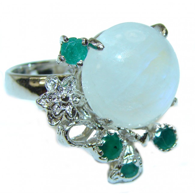 Blue Moon Fire Moonstone Emerald .925 Sterling Silver handmade ring s. 8