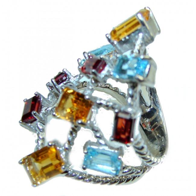 Abstract Design 10.5 carat multigems .925 Sterling Silver Handcrafted Ring size 6 3/4