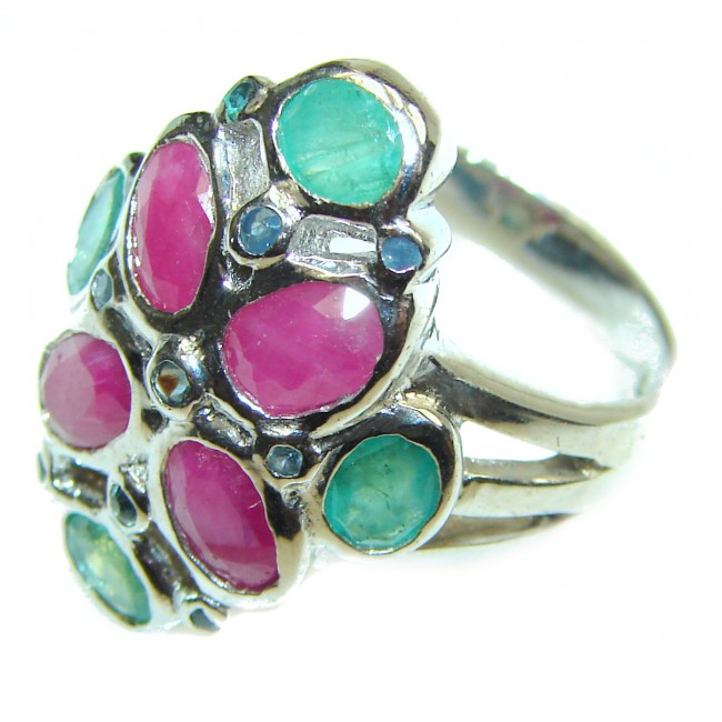 Pure Perfection Ruby Emerald .925 Sterling Silver handcrafted ring size 8
