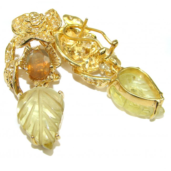 Milano Luxurious Style Natural carved Citrine 14K Gold over .925 Sterling Silver handmade earrings