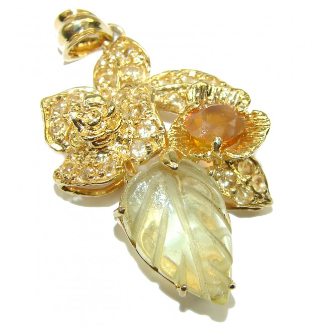 Milano Luxurious Style Natural carved Citrine 14K Gold over .925 Sterling Silver handmade Pendant