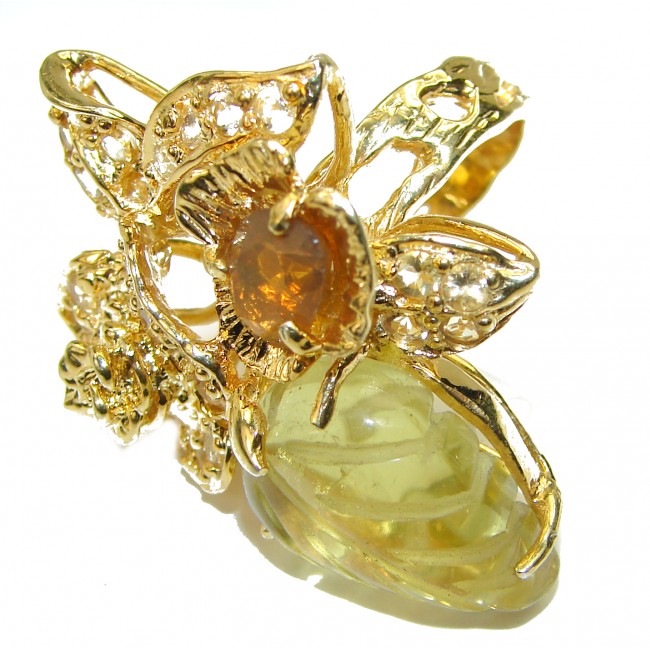 Milano Luxurious Style Natural carved Citrine 14K Gold over .925 Sterling Silver handmade Large Cocktail Ring size 7