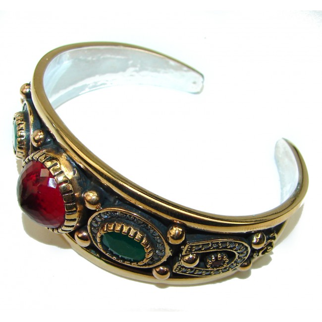 Victorian Style Created Ruby & Emerald Sterling Silver Bracelet / Cuff