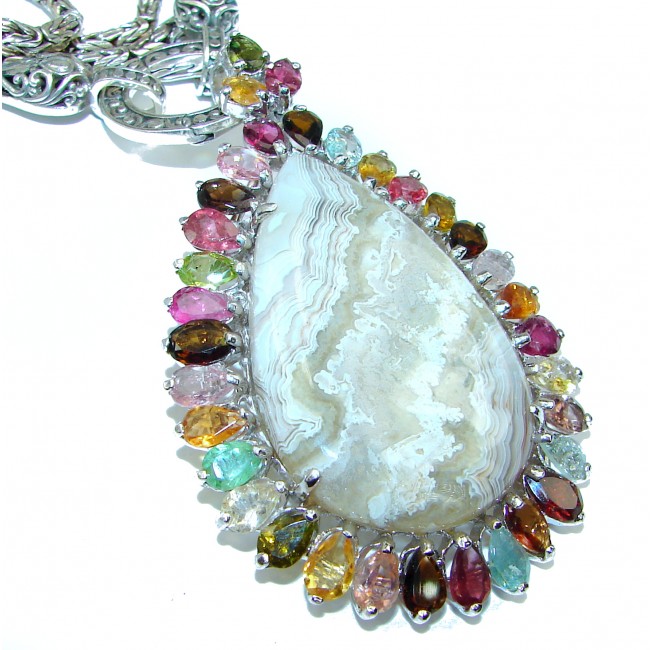 Artisan Master Piece genuine Crazy Lace Agate .925 Silver handcrafted Bali Legacy Borobudur Chain Necklace Pendant Brooch