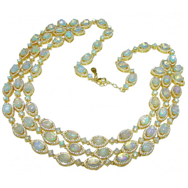 A Million Stars Real Masterpiece 3 rows Natural Ethiopian Opal 18K Gold over .925 Sterling Silver Necklace