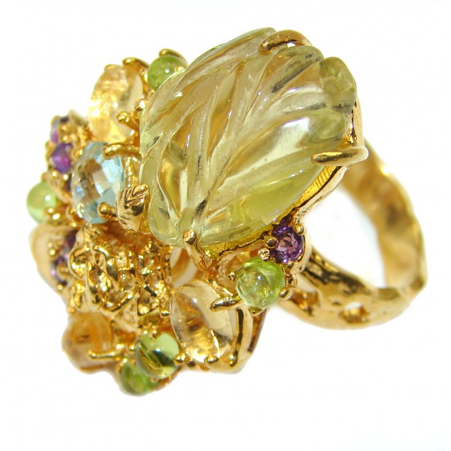 Luxurious Style Natural carved Citrine 14K Gold over .925 Sterling Silver handmade Large Cocktail Ring size 7 3/4