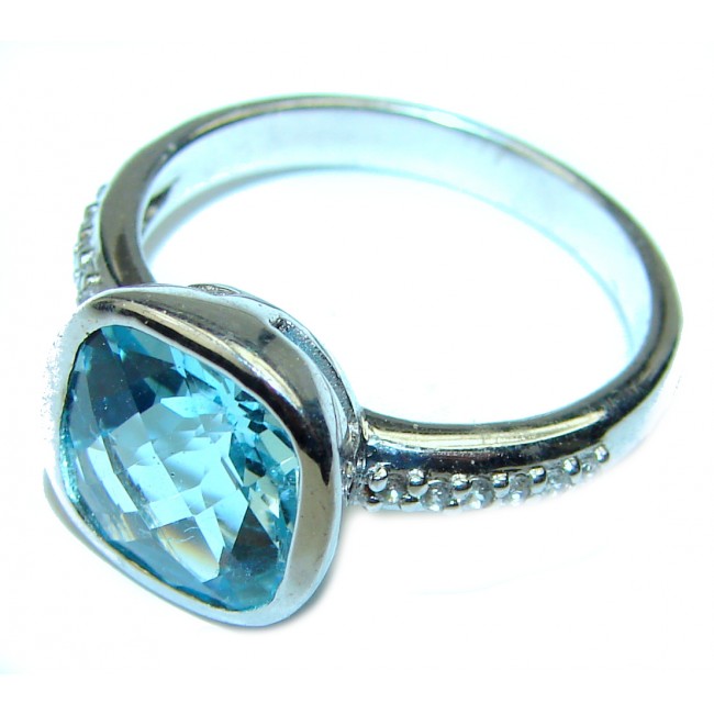 8.5 carat cushion shape Swiss Blue Topaz .925 Sterling Silver handmade Ring size 7