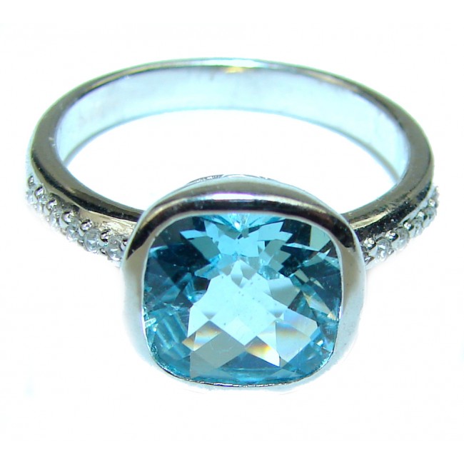 8.5 carat cushion shape Swiss Blue Topaz .925 Sterling Silver handmade Ring size 7