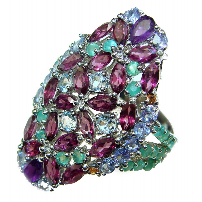Eternity authentic Garnet Tanzanite Emerald .925 Sterling Silver Large handcrafted Ring size 7 3/4