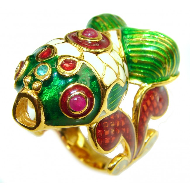 Lucky Fish Enamel Ruby 18K Gold over .925 Sterling Silver Huge Ring s. 7