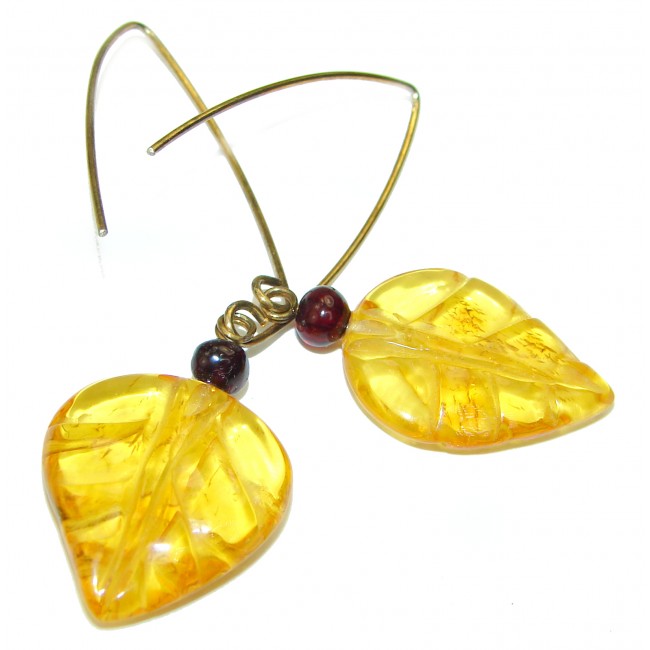 Carved Leaves Butterscotch Baltic Polish Amber .925 Sterling Silver earrings