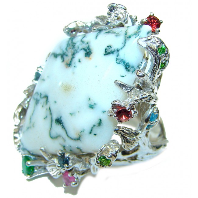 Huge Beautiful Moss Agate .925 Sterling Silver handcrafted ring s. 8 1/2