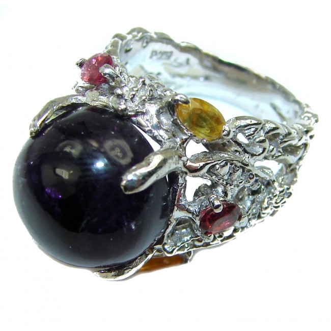 Huge Black Onyx multicolored Sapphire .925 Sterling Silver handcrafted ring; s. 7 1/2