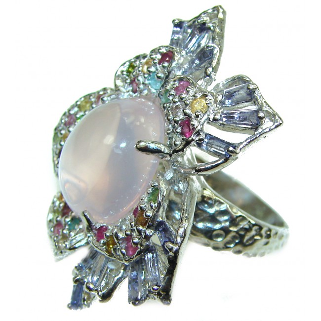 Large 25.2 carat Rose Quartz .925 Sterling Silver brilliantly handcrafted ring s. 8 1/4