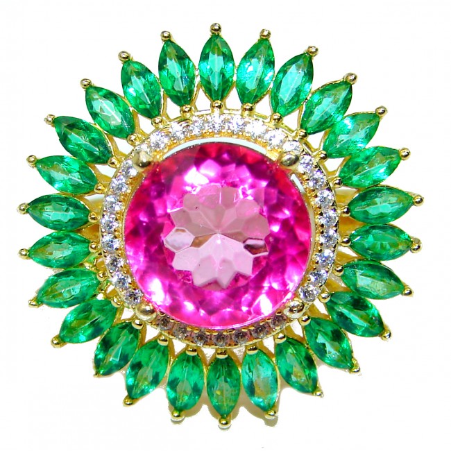 Belle'Amore Pink Topaz Emerald 18K Gold over .925 Sterling Silver handcrafted Cocktail Ring s. 8 1/4