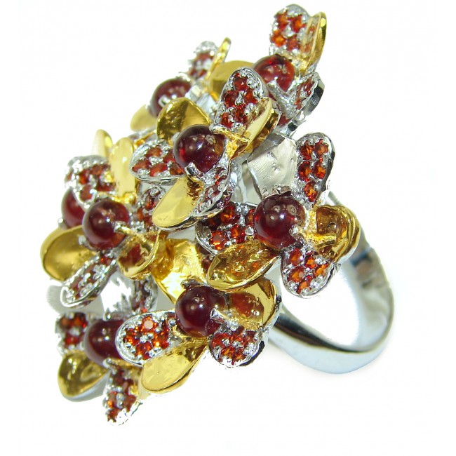 Large Rose Garden authentic Garnet 2 tones .925 Sterling Silver Large handcrafted Ring size 7 1/4