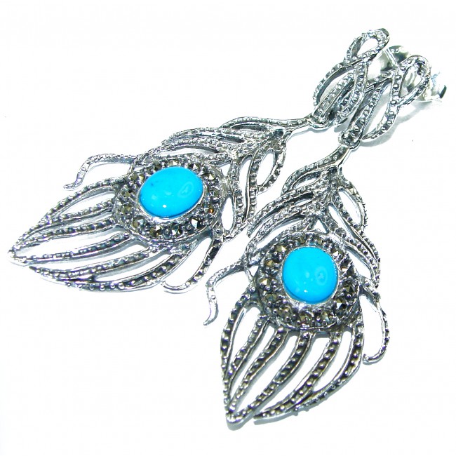 Great Peacocks Feathers authentic inlay Turquoise .925 Sterling Silver handcrafted Earrings