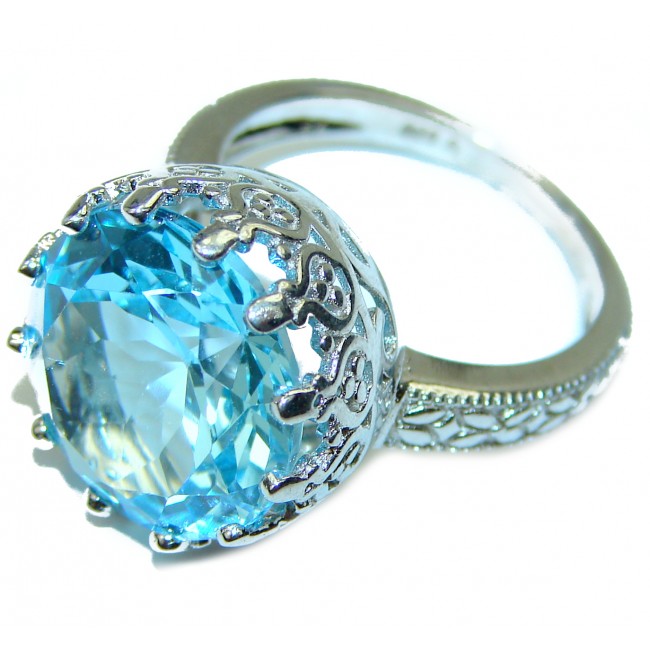 Round cut 18.5 carat Fancy Swiss Blue Topaz .925 Sterling Silver handmade Ring size 7 1/2