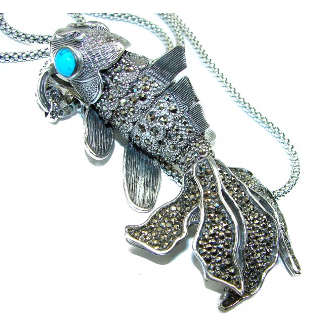 3 3/8 inch long! Lucky Fish Turquoise Marcasite .925 Sterling Silver handcrafted SPECTACULAR necklace