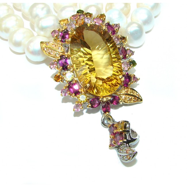 Spectacular 16 inches Long genuine Pearl golden Mystic Topaz 14K Gold over .925 Sterling Silver handcrafted Necklace