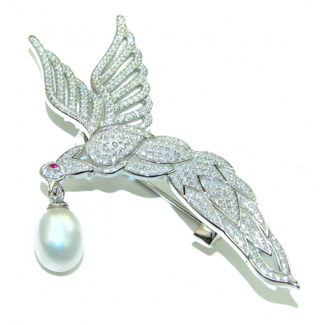 Large White Topaz Sparkling Bird .925 Sterling Silver handmade Pendant Brooch