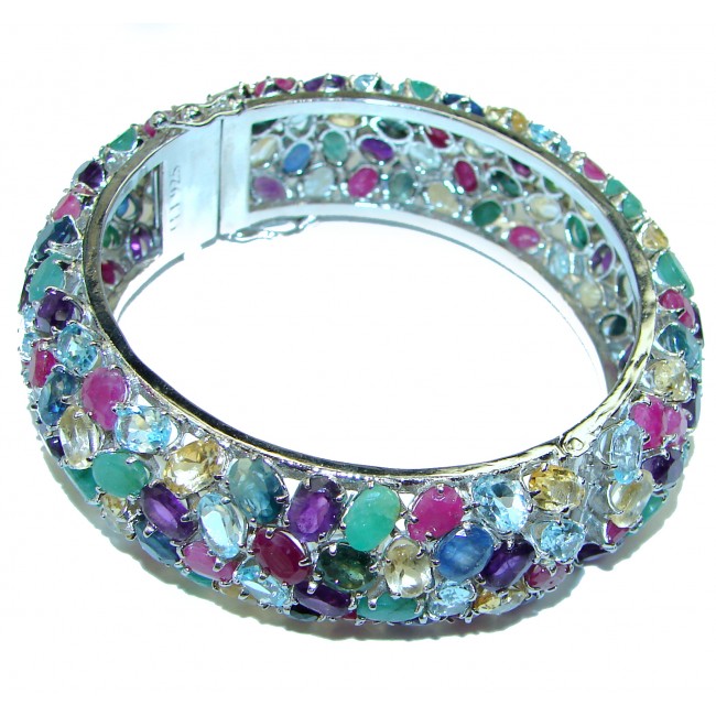 Extravaganza Precious Natural Multi gems .925 Sterling Silver Bangle bracelet