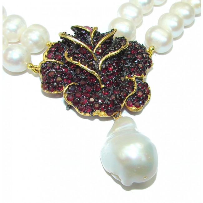Red Rose 16 inches Long genuine Pearl Ruby 14K Gold over .925 Sterling Silver handcrafted Necklace