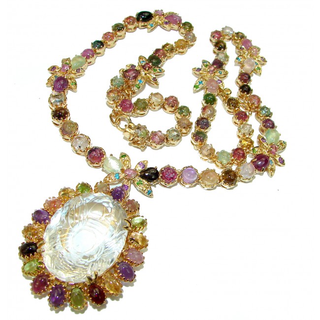 Outstanding carved White Topaz Brazilian Tourmaline 18K Gold over .925 Sterling Silver handcrafted Statement necklace
