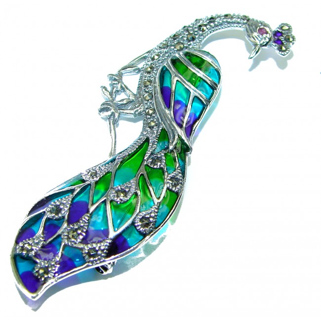 Natural Enamel Colorful Peacock .925 Sterling Silver Brooch
