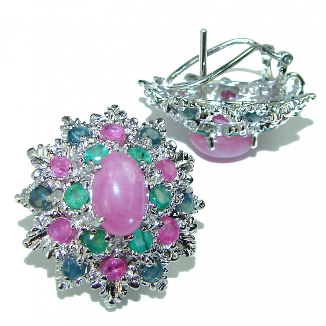 14.5 carat Star Ruby multicolor Sapphire black rhodium over .925 Sterling Silver handcrafted earrings