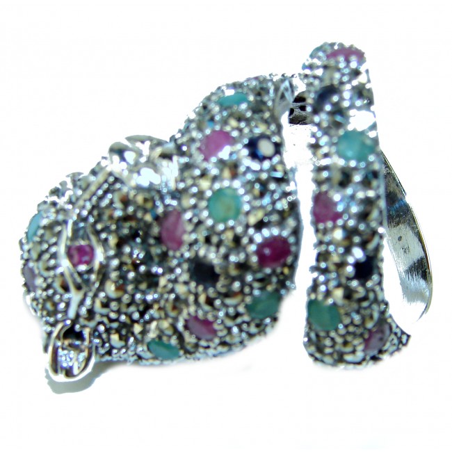 Precious Panther Emerald Sapphire Ruby .925 Sterling Silver handcrafted Statement Ring size 8 1/4
