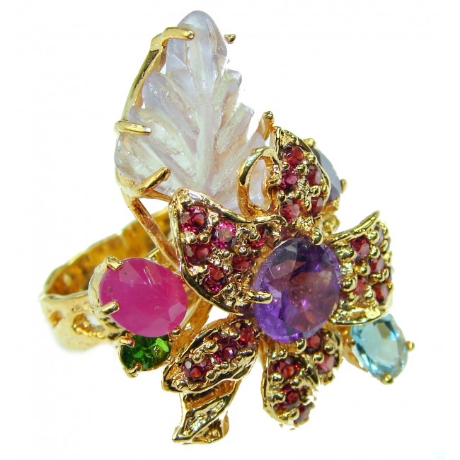 Lavish design authentic Ruby Amethyst 14K Gold over .925 Sterling Silver Statement handcrafted Ring size 8 1/4