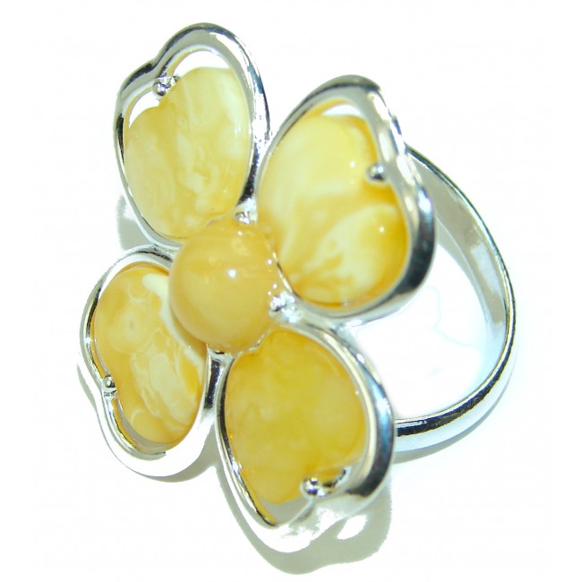 Lucky Flower Butterscotch Amber .925 Sterling Silver handmade Ring size 8 adjustable