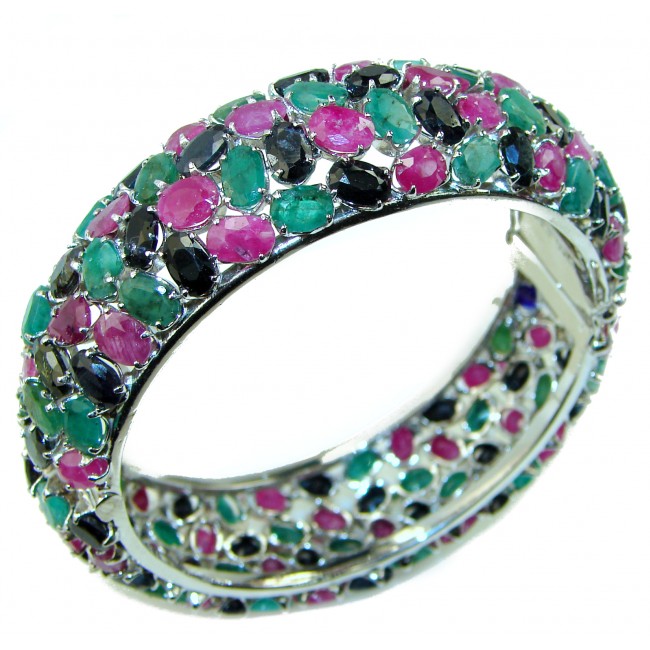 Spectacular authentic Ruby Emerald Sapphire .925 Sterling Silver handmade bangle Bracelet