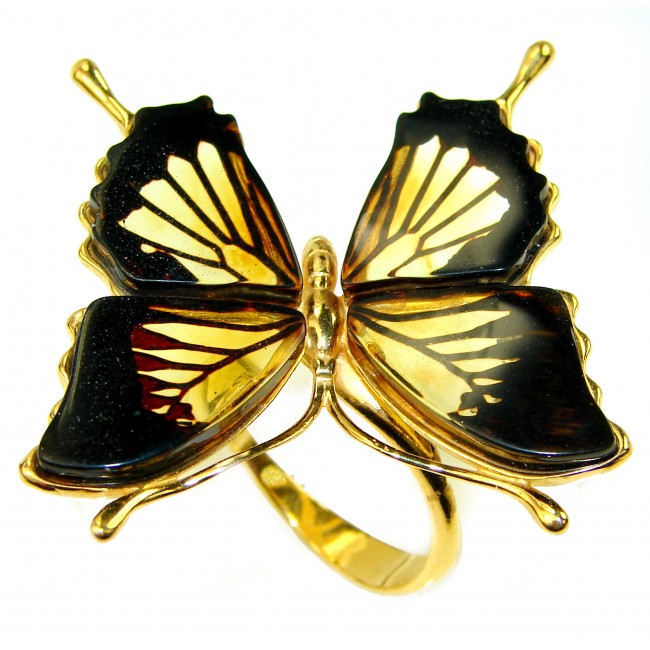 Beautiful Authentic carved Butterfly Baltic Amber 14K Gold over .925 Sterling Silver handcrafted ring; s. 7 adjustable