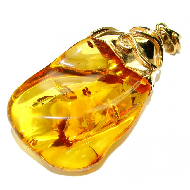 Prehistoric Golden Drop Baltic Polish Amber 18k Gold over .925 Sterling Silver handcrafted HUGE pendant