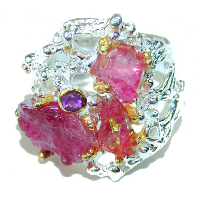 Authentic Rough Ruby 14K Gold over 2 tones .925 Sterling Silver Ring size 6