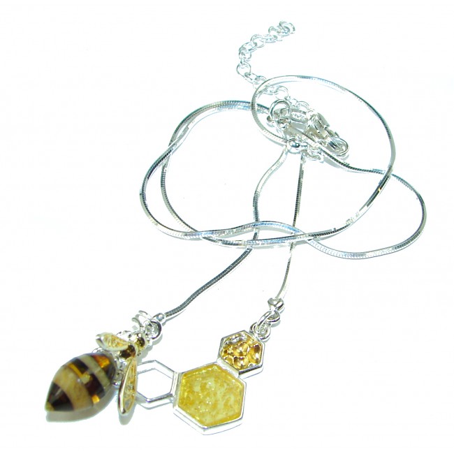 Golden Bee Baltic Amber 2 tones .925 Sterling Silver handmade Necklace