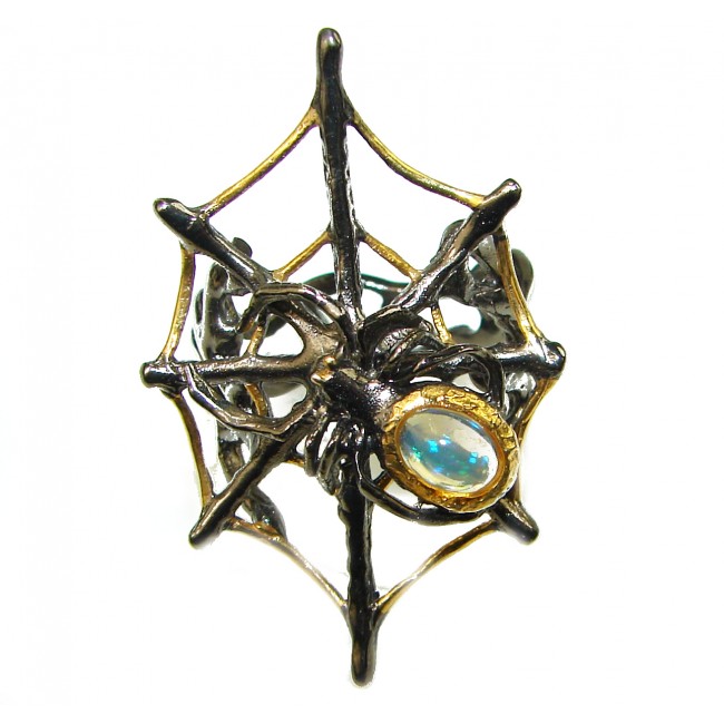 Spider's web Ethiopian Opal black rhodium over .925 Sterling Silver handmade Large ring size 7