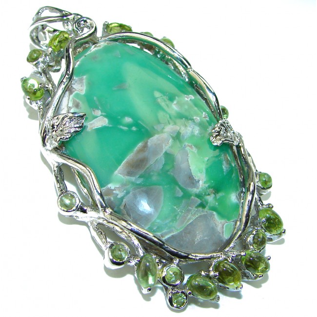 35. 5 grams Great Beauty Chrysoprase .925 Sterling Silver handcrafted Pendant Brooch