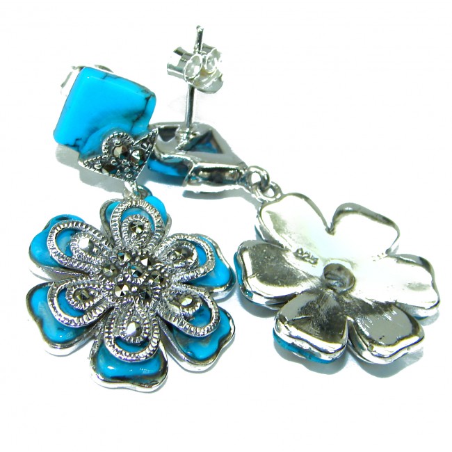 Blue Turquoise Marcasite .925 Sterling Silver handcrafted earrings