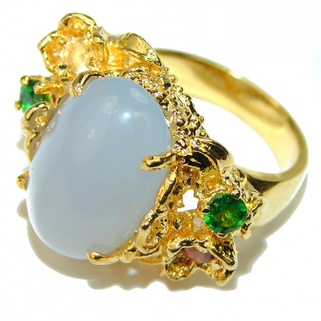 Blue Angel Chalcedony Agate 14K Gold over .925 Sterling Silver handcrafted HUGE Ring s. 7