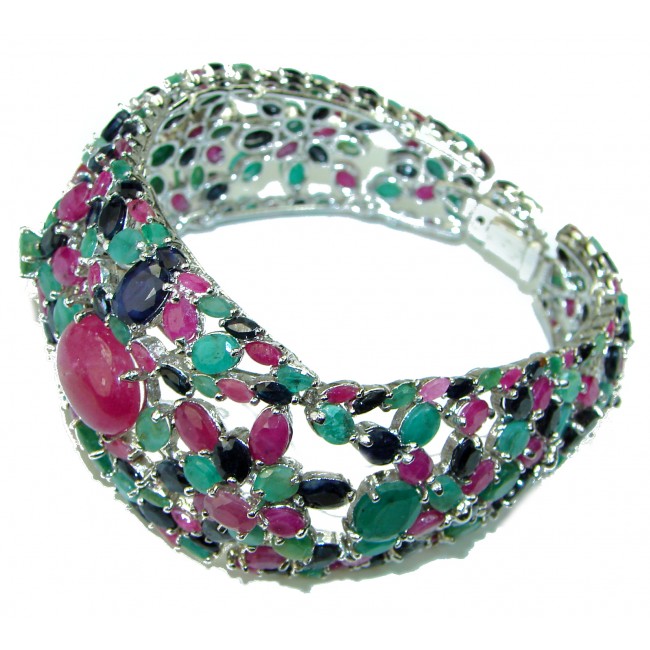 Diva's Desire authentic Ruby Emerald Sapphire .925 Sterling Silver handmade Huge Bracelet