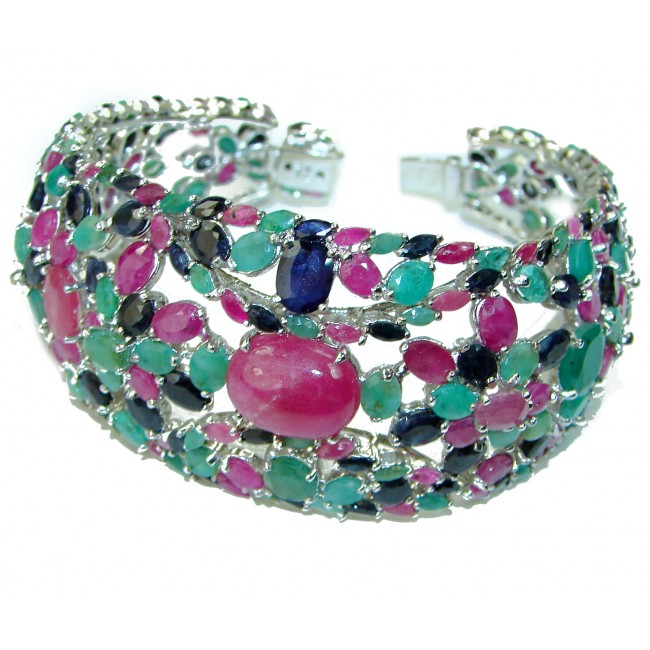 Diva's Desire authentic Ruby Emerald Sapphire .925 Sterling Silver handmade Huge Bracelet