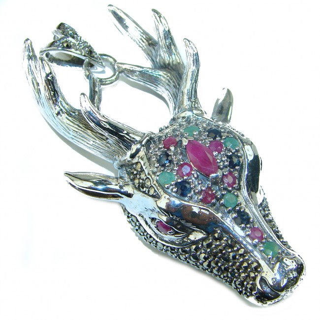 Deer Head Genuine Ruby .925 Sterling Silver handmade Pendant