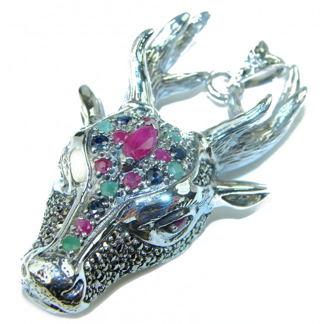 Deer Head Genuine Ruby .925 Sterling Silver handmade Pendant
