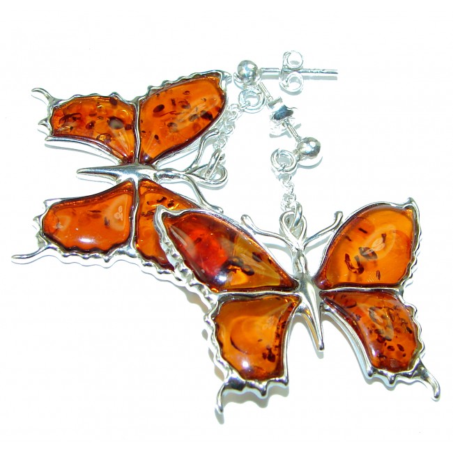 Large Butterlies natural Baltic Polish Amber .925 Sterling Silver earrings